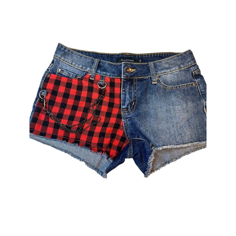 Blackheart Denim Shorts Womens 5 Plaid Chain Punk Grunge Alt Y2K Scene Grunge